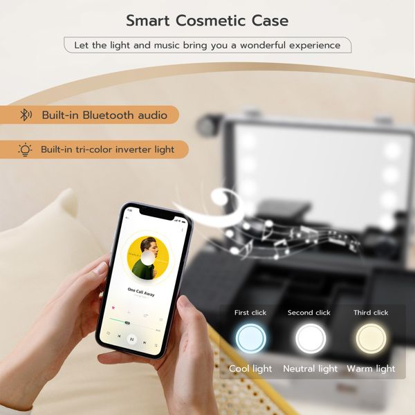 Makeup Train Case with Mirror and Lights, Free Standing Portable Vanity Station w/Wheels and Speakers, Professional Rolling Cosmetic Trolley Organizer Travel Case