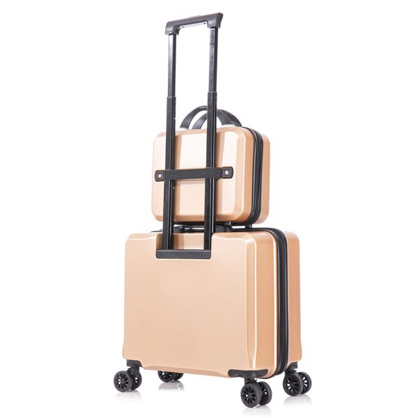 2 Piece Travel Luggage Set Hard shell Suitcase with Spinner Wheels 18' Underseat luggage and 14' Comestic Travel case Toiletry box Champagne