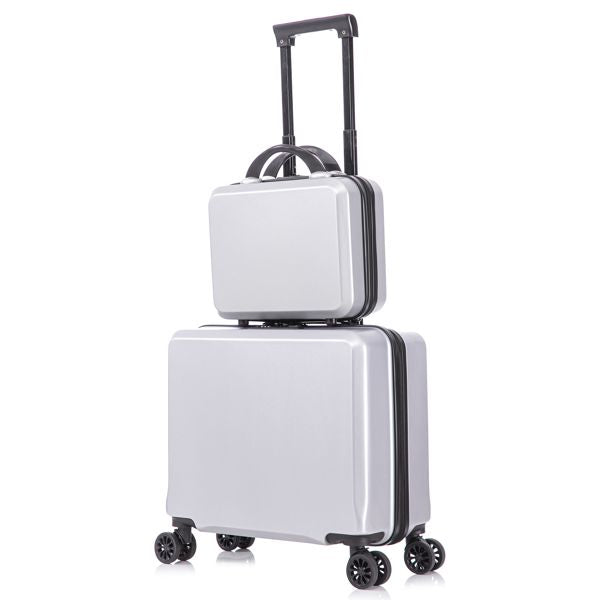 2 Piece Travel Luggage Set Hard shell Suitcase with Spinner Wheels 18' Underseat luggage and 14' Comestic Travel case Toiletry box Silver