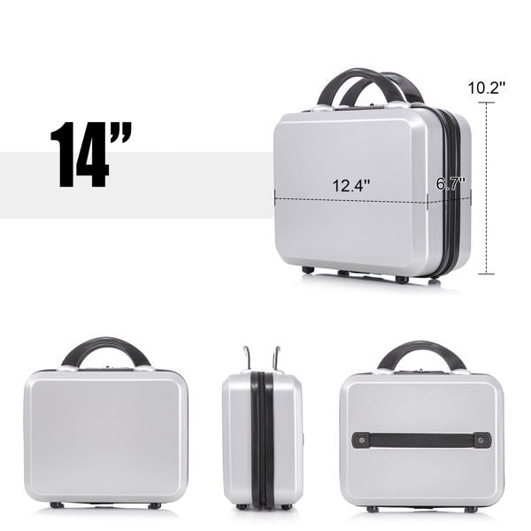 2 Piece Travel Luggage Set Hard shell Suitcase with Spinner Wheels 18' Underseat luggage and 14' Comestic Travel case Toiletry box Silver