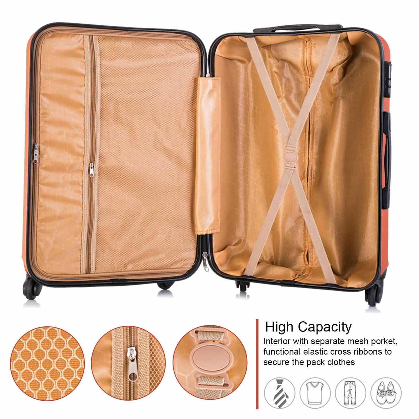4 Piece Set Luggage Sets Suitcase ABS Hardshell Lightweight Spinner Wheels (16/20/24/28 inch) Orange