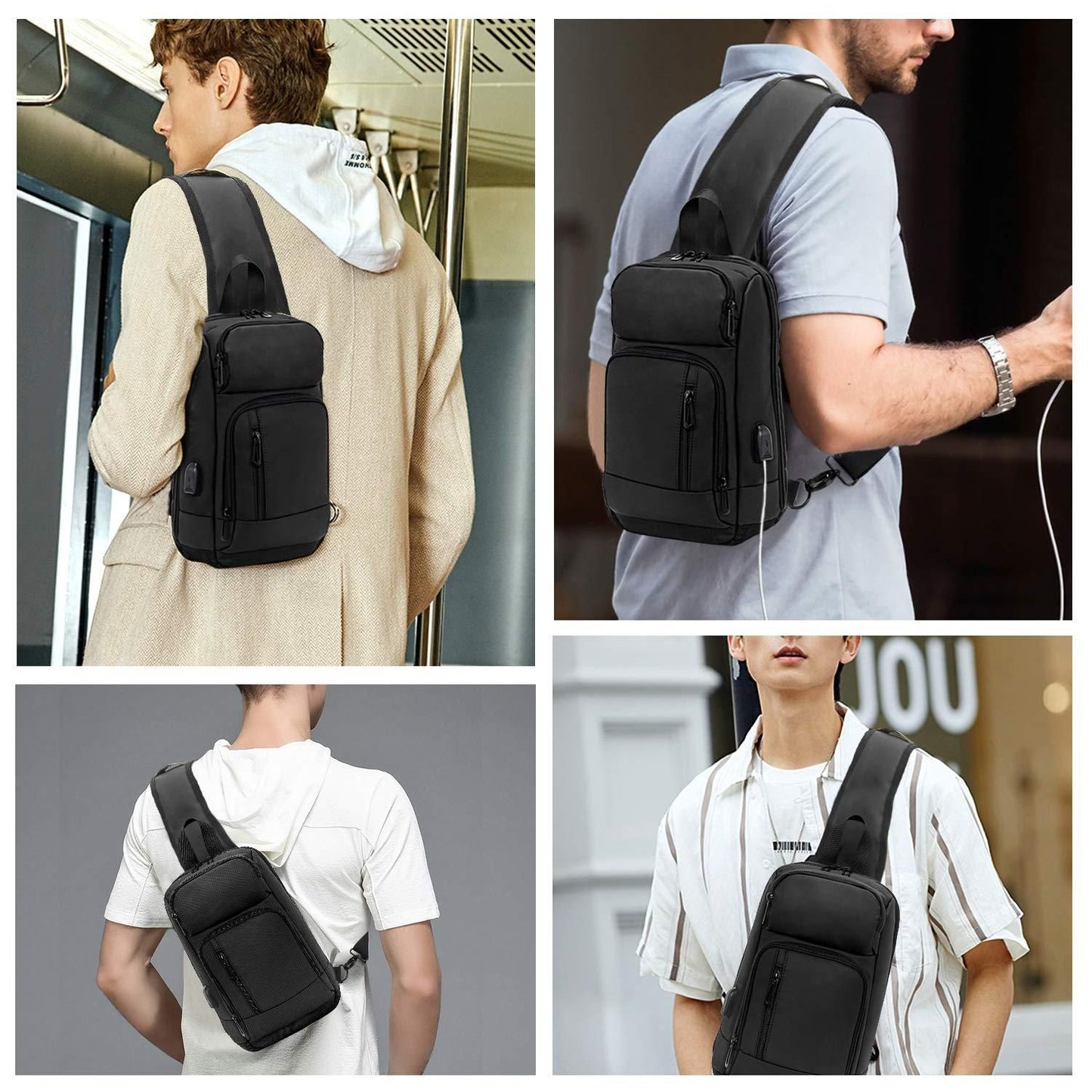Sling Bag for MenBlack Crossbody Bag with USB Charging Port Fits 10.2 inch iPad Casual Daypack