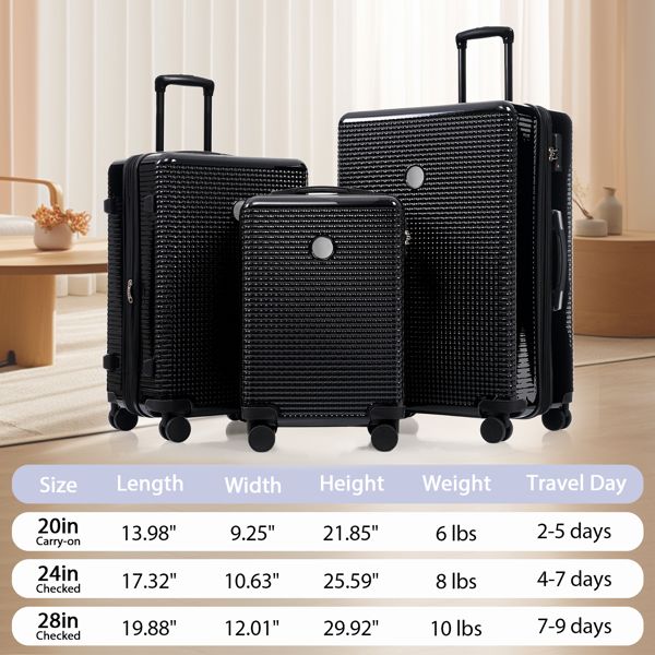 Luggage Sets 3 Piece Hardshell Suitcases with Wheels, Lightweight Expandable Travel Luggage with TSA Lock, Carry-on, Checked Luggage(20inch 24inch 28inch)