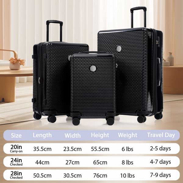 Luggage Sets 3 Piece Hardshell Suitcases with Wheels, Lightweight Expandable Travel Luggage with TSA Lock, Carry-on, Checked Luggage(20inch 24inch 28inch)