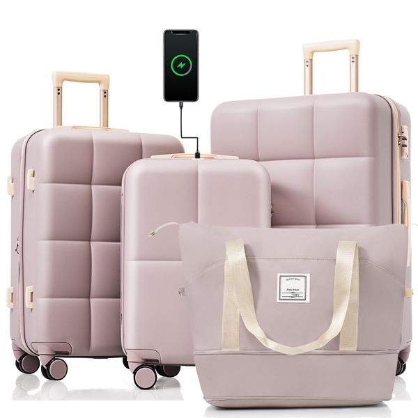 Luggage Sets 4 Piece, 20-inch with USB Port, Expandable ABS Durable Suitcase with Travel Bag, Cup Holder, ABS Hard Shell Luggage with Spinner Wheels, RosyBrown