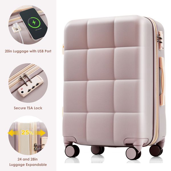Luggage Sets 4 Piece, 20-inch with USB Port, Expandable ABS Durable Suitcase with Travel Bag, Cup Holder, ABS Hard Shell Luggage with Spinner Wheels, RosyBrown