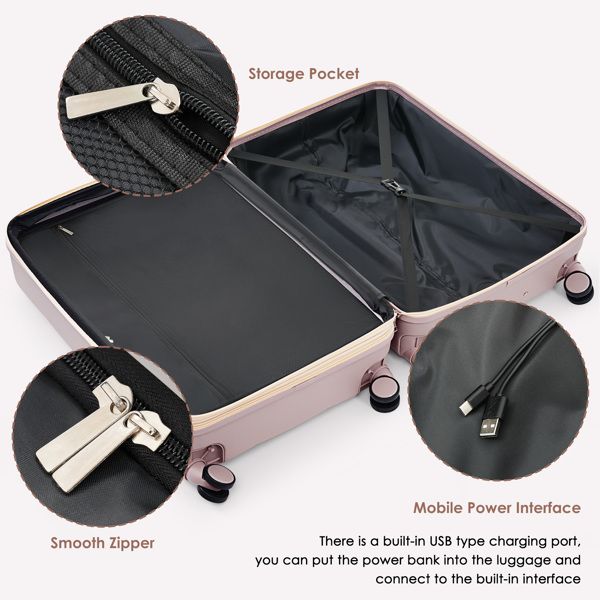 Luggage Sets 4 Piece, 20-inch with USB Port, Expandable ABS Durable Suitcase with Travel Bag, Cup Holder, ABS Hard Shell Luggage with Spinner Wheels, RosyBrown