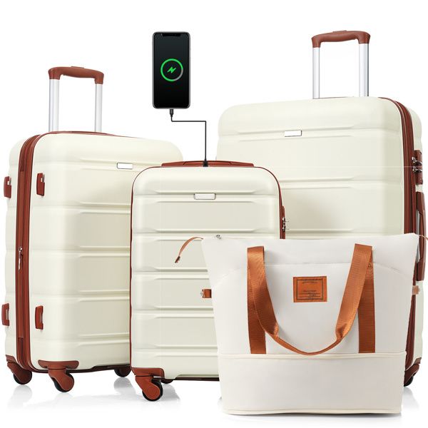 Luggage Sets 4 Piece, 20-inch with USB Port, Expandable ABS Durable Suitcase with Travel Bag, Cup Holder, ABS Hard Shell Luggage with Spinner Wheels, beige and brown