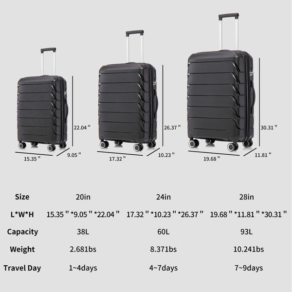 PP Luggage Sets 3 Piece(20/24/28), Expandable Carry On Luggage with TSA Lock Airline Approved, PP materials Hard Shell and Lightweight Suitcase with Spinner Wheels (Black)