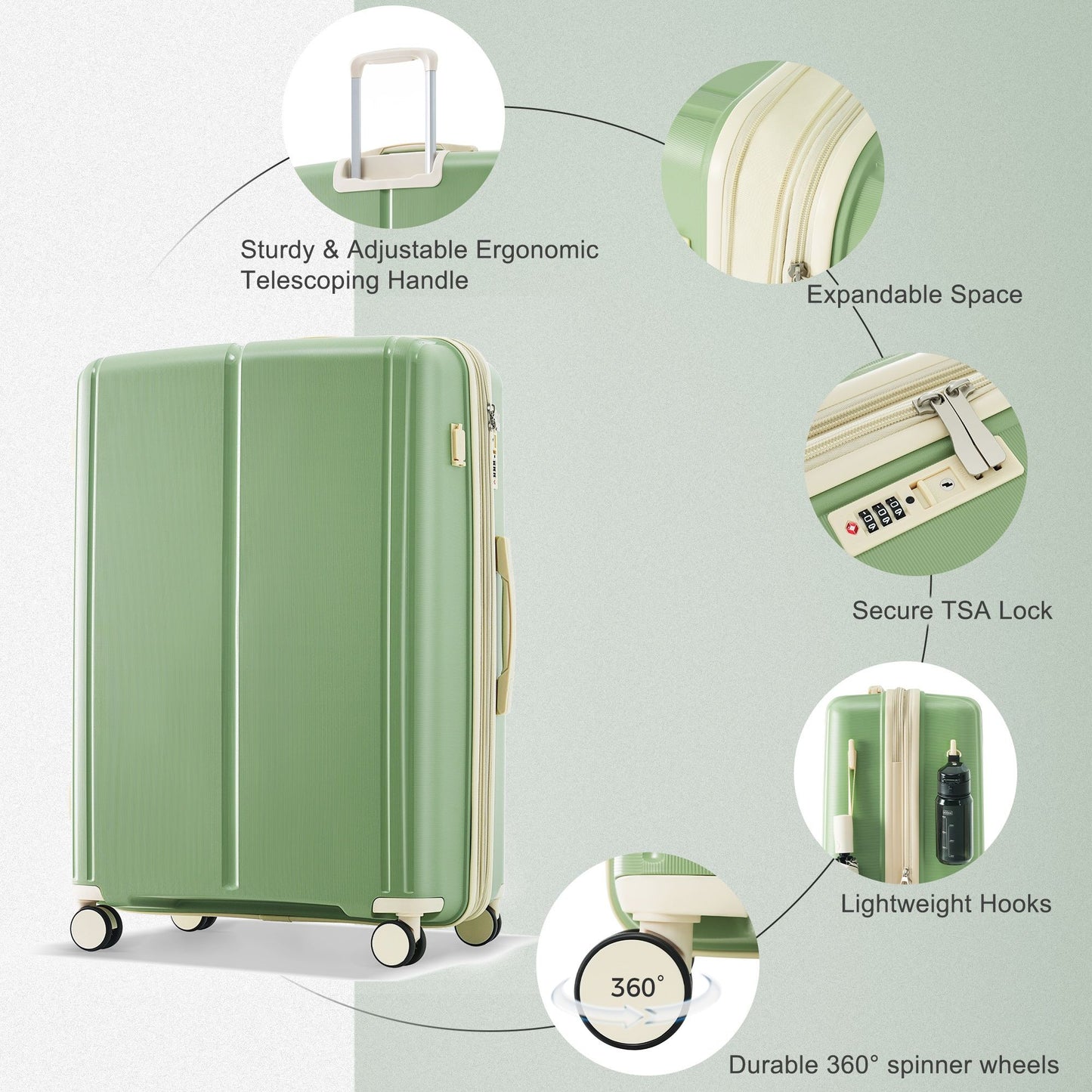 Luggage Sets 3 Piece Suitcase Set 20/24/28 with USB Port,Carry on Luggage Airline Approved,PP Lightweight Suitcase with Spinner Wheels,Green and Ivory