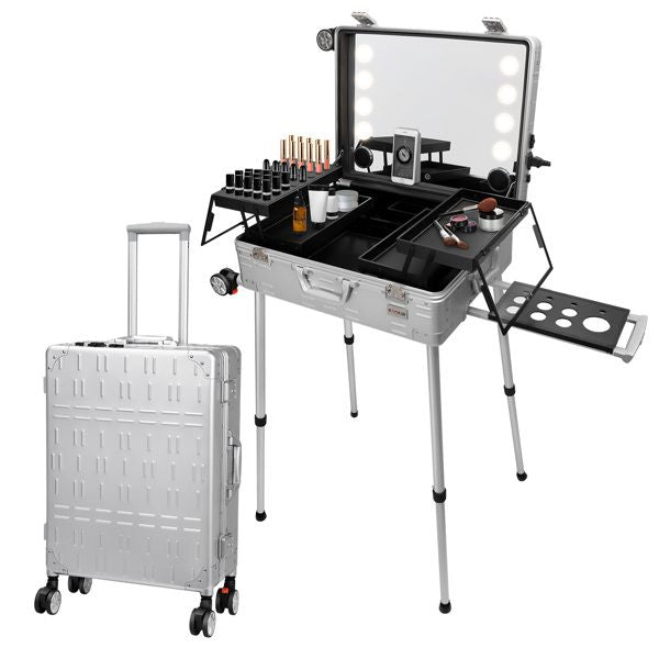 Makeup Train Case with Mirror and Lights, Free Standing Portable Vanity Station w/Wheels and Speakers, Professional Rolling Cosmetic Trolley Organizer Travel Case
