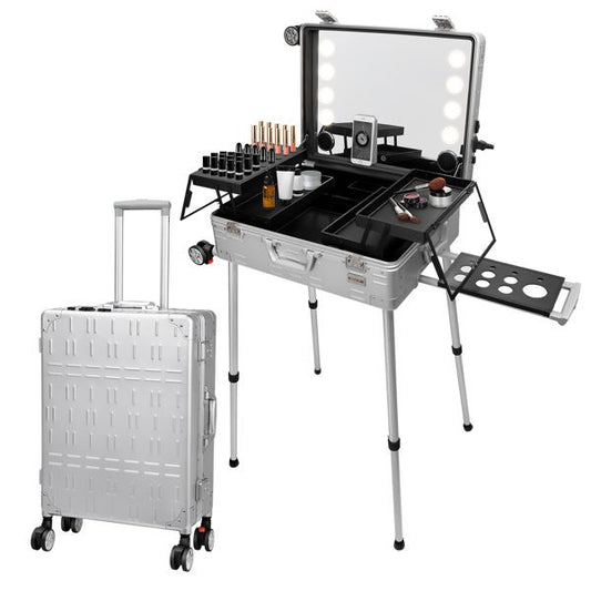 Makeup Train Case with Mirror and Lights, Free Standing Portable Vanity Station w/Wheels and Speakers, Professional Rolling Cosmetic Trolley Organizer Travel Case