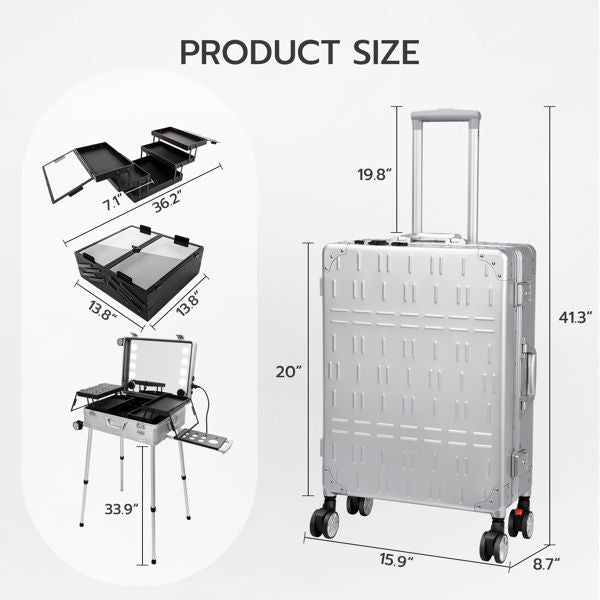 Makeup Train Case with Mirror and Lights, Free Standing Portable Vanity Station w/Wheels and Speakers, Professional Rolling Cosmetic Trolley Organizer Travel Case