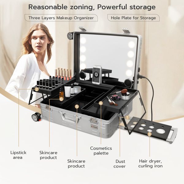 Makeup Train Case with Mirror and Lights, Free Standing Portable Vanity Station w/Wheels and Speakers, Professional Rolling Cosmetic Trolley Organizer Travel Case