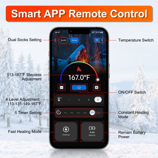 Heated Socks for Men Women Electric Heating Socks with APP Control 5000mAh Battery Rechargeable Thermal Socks Winter Warm Socks for Skiing Hiking Camping Hunting