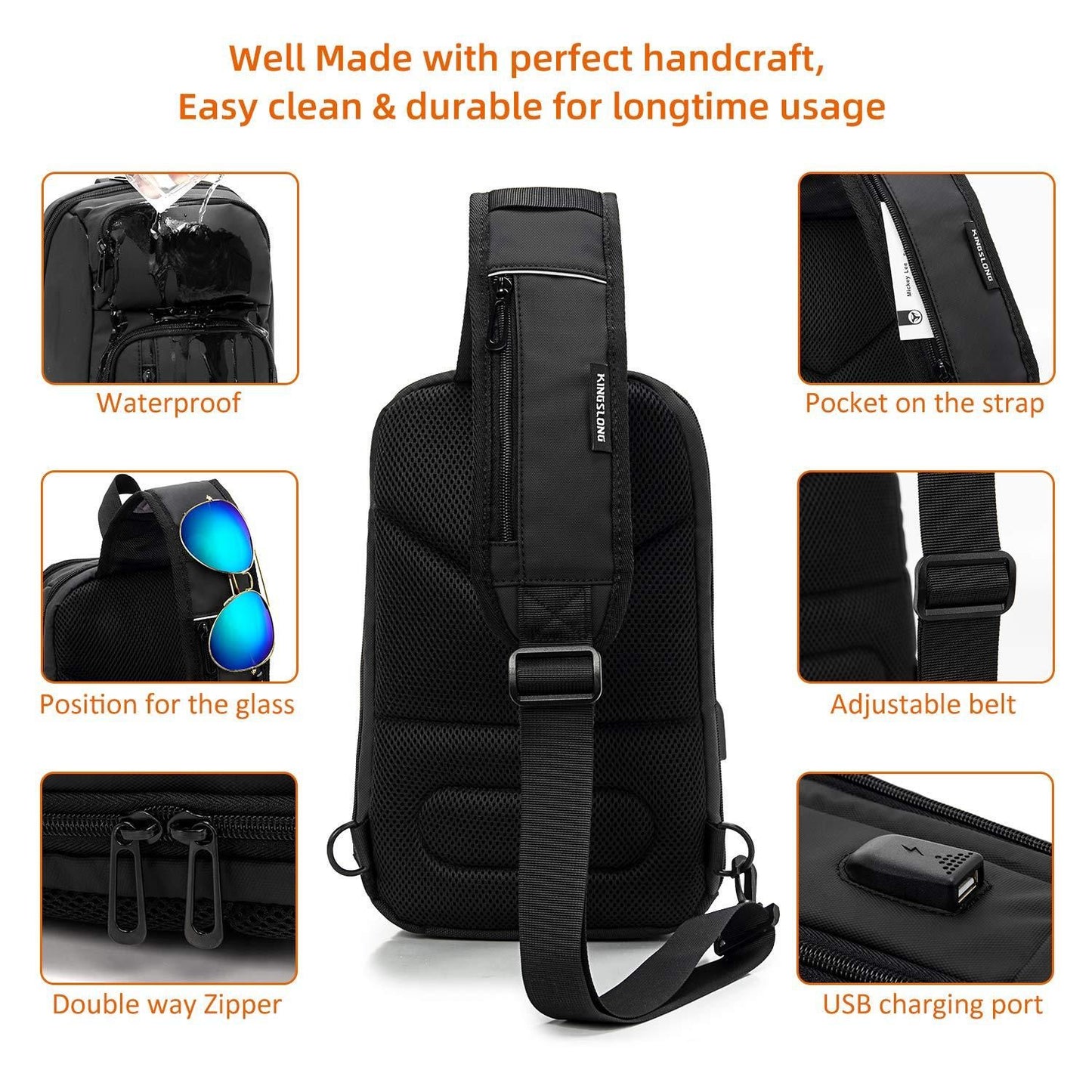 Sling Bag for MenBlack Crossbody Bag with USB Charging Port Fits 10.2 inch iPad Casual Daypack