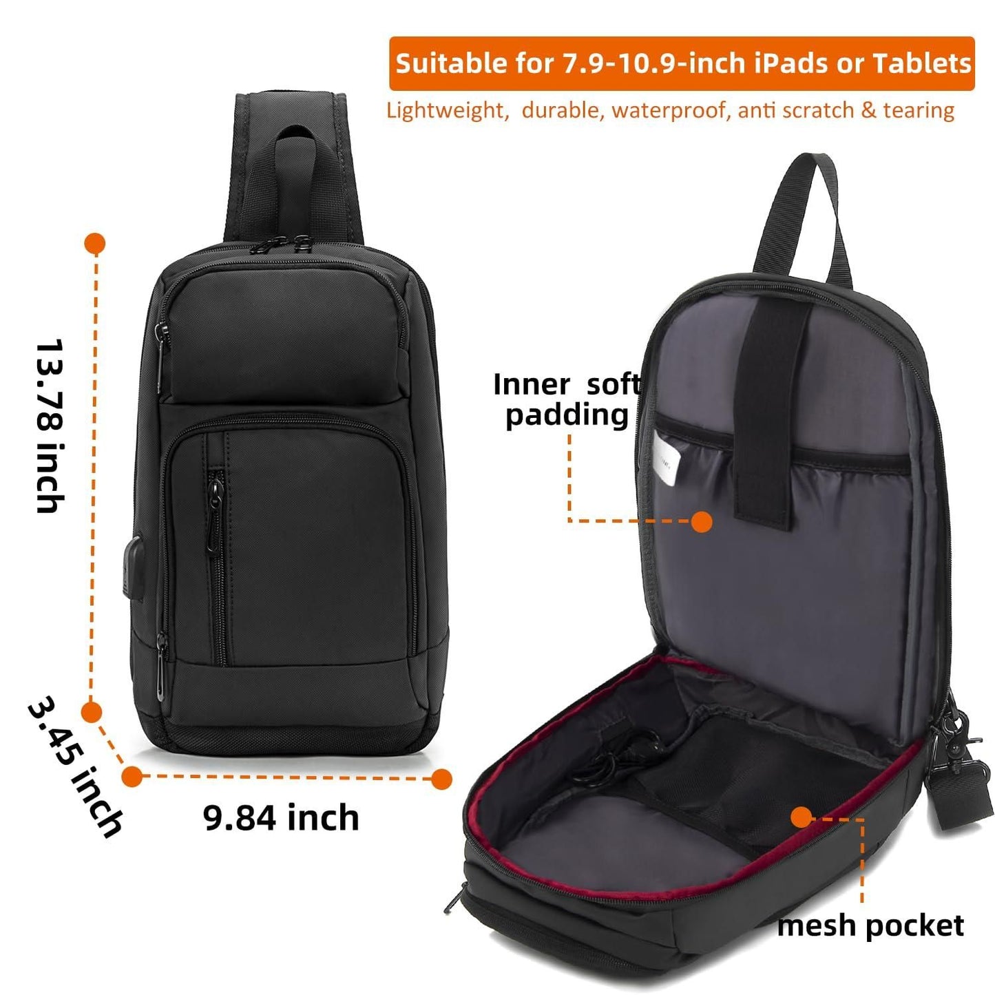 Sling Bag for MenBlack Crossbody Bag with USB Charging Port Fits 10.2 inch iPad Casual Daypack