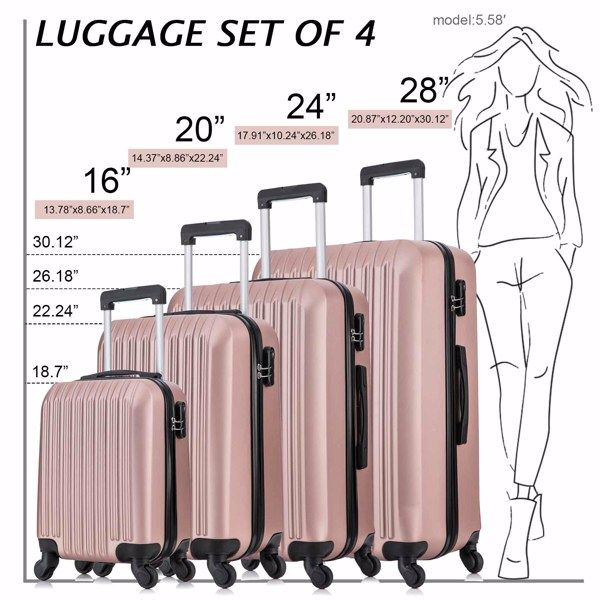 4 Piece Set Luggage Sets Suitcase ABS Hardshell Lightweight Spinner Wheels Rose Gold