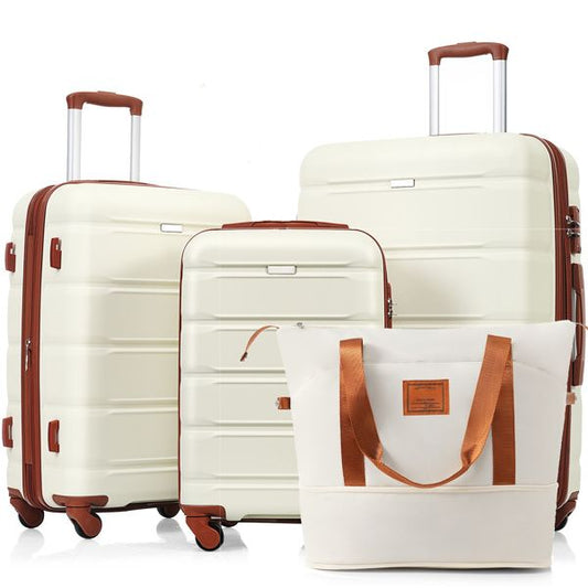Luggage Sets 4 Piece, 20-inch with USB Port, Expandable ABS Durable Suitcase with Travel Bag, Cup Holder, ABS Hard Shell Luggage with Spinner Wheels, beige and brown