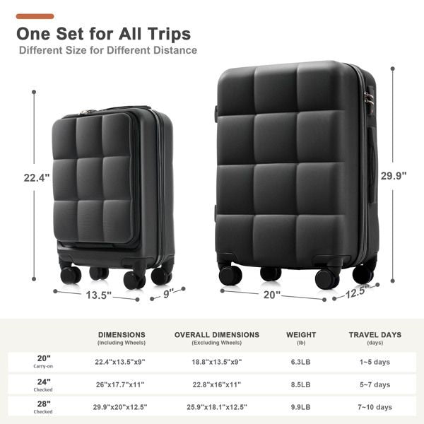 Luggage Sets 3 Piece, 20-inch with USB Port and front opening design, ABS Hard Shell Luggage with Spinner Wheels, Cup Holder, black and brown