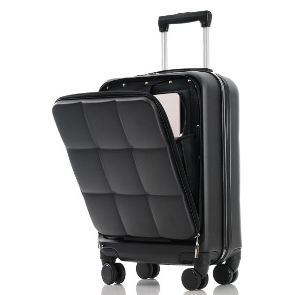 Luggage Sets 3 Piece, 20-inch with USB Port and front opening design, ABS Hard Shell Luggage with Spinner Wheels, Cup Holder, black and brown