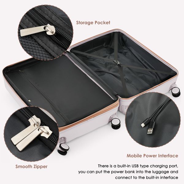 Luggage Sets 3 Piece, 20-inch with USB Port and front opening design, ABS Hard Shell Luggage with Spinner Wheels, Cup Holder, light grey