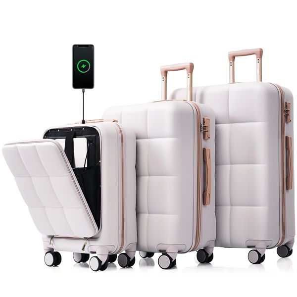 Luggage Sets 3 Piece, 20-inch with USB Port and front opening design, ABS Hard Shell Luggage with Spinner Wheels, Cup Holder, light grey