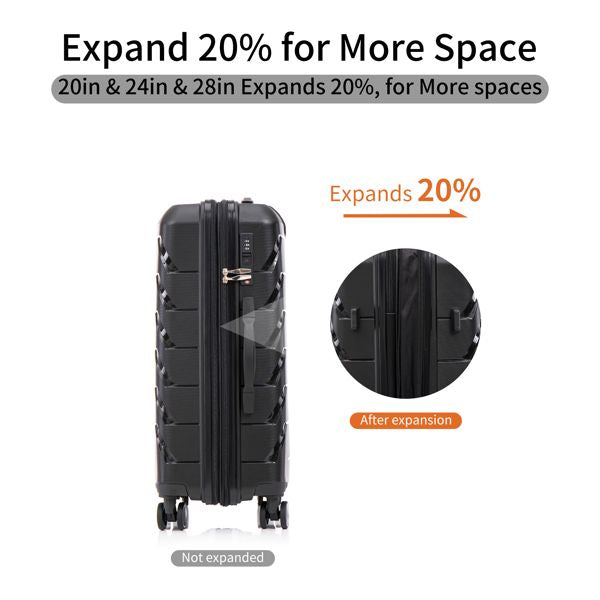 PP Luggage Sets 3 Piece(20/24/28), Expandable Carry On Luggage with TSA Lock Airline Approved, PP materials Hard Shell and Lightweight Suitcase with Spinner Wheels (Black)