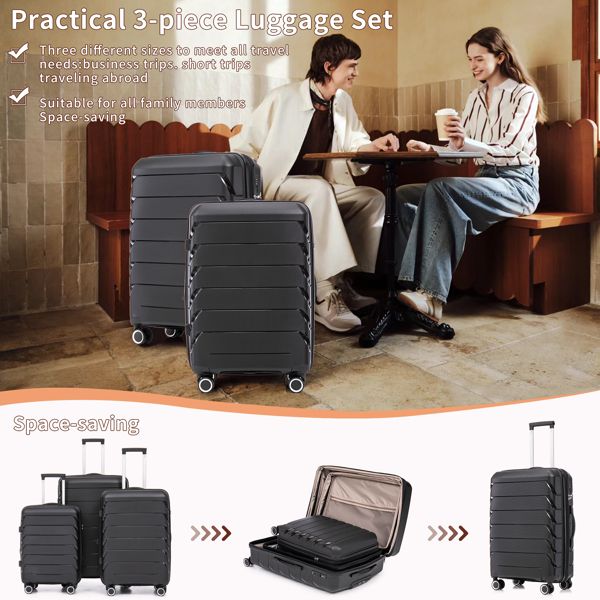 PP Luggage Sets 3 Piece(20/24/28), Expandable Carry On Luggage with TSA Lock Airline Approved, PP materials Hard Shell and Lightweight Suitcase with Spinner Wheels (Black)
