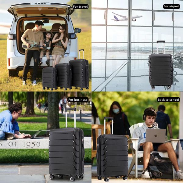 PP Luggage Sets 3 Piece(20/24/28), Expandable Carry On Luggage with TSA Lock Airline Approved, PP materials Hard Shell and Lightweight Suitcase with Spinner Wheels (Black)