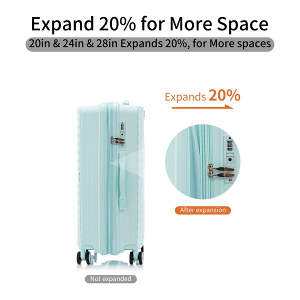 PP Luggage Sets 3 Piece(20/24/28), Expandable Carry On Luggage with TSA Lock Airline Approved, PP materials Hard Shell and Lightweight Suitcase with Spinner Wheels (Mint Green)