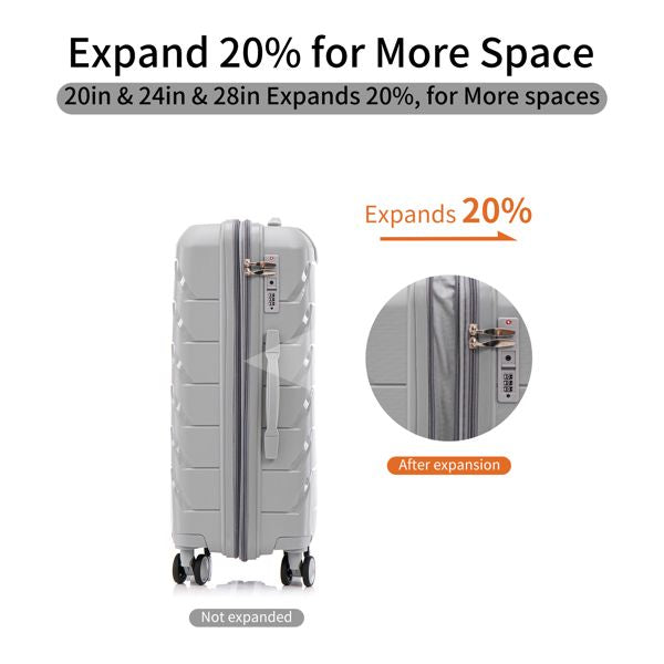 PP Luggage Sets 3 Piece(20/24/28), Expandable Carry On Luggage with TSA Lock Airline Approved, PP materials Hard Shell and Lightweight Suitcase with Spinner Wheels (Gray)