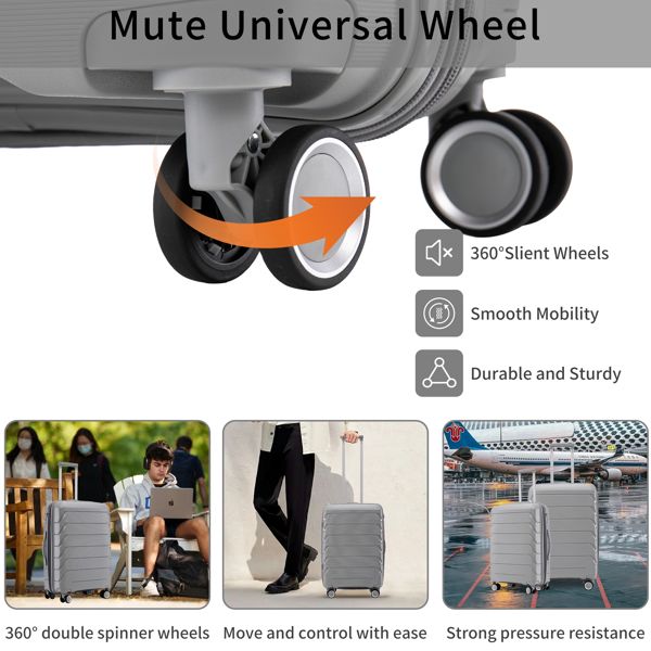 PP Luggage Sets 3 Piece(20/24/28), Expandable Carry On Luggage with TSA Lock Airline Approved, PP materials Hard Shell and Lightweight Suitcase with Spinner Wheels (Gray)