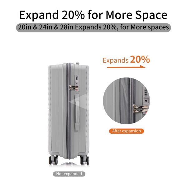 PP Luggage Sets 3 Piece(20/24/28), Expandable Carry On Luggage with TSA Lock Airline Approved, PP materials Hard Shell and Lightweight Suitcase with Spinner Wheels (Gray)