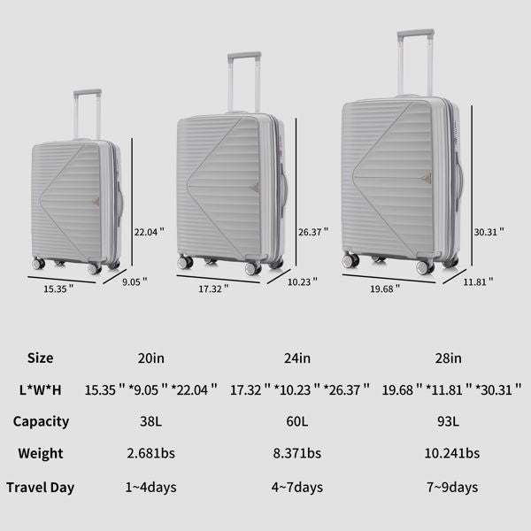 PP Luggage Sets 3 Piece(20/24/28), Expandable Carry On Luggage with TSA Lock Airline Approved, PP materials Hard Shell and Lightweight Suitcase with Spinner Wheels (Gray)