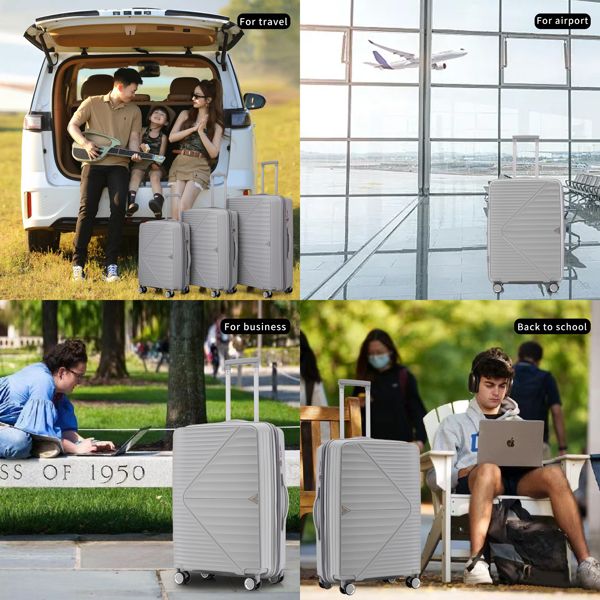 PP Luggage Sets 3 Piece(20/24/28), Expandable Carry On Luggage with TSA Lock Airline Approved, PP materials Hard Shell and Lightweight Suitcase with Spinner Wheels (Gray)