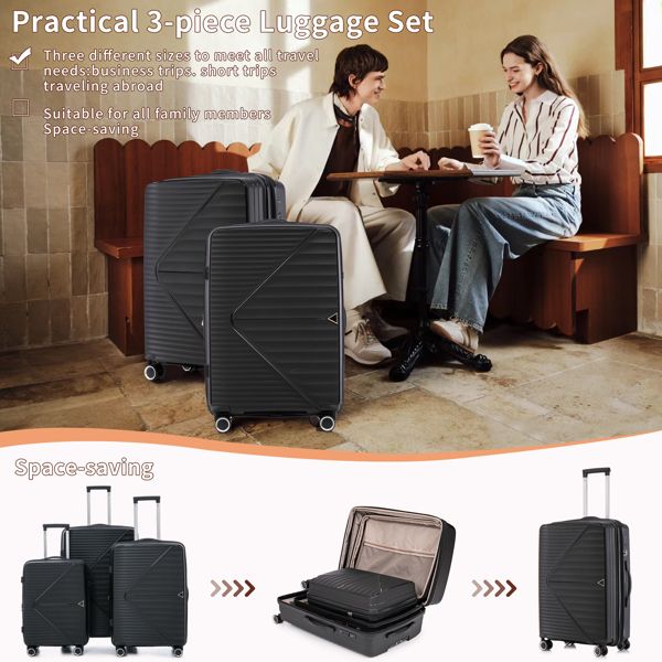 PP Luggage Sets 3 Piece(20/24/28), Expandable Carry On Luggage with TSA Lock Airline Approved, PP materials Hard Shell and Lightweight Suitcase with Spinner Wheels (Black)