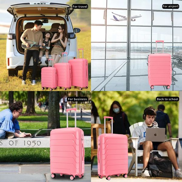 PP Luggage Sets 3 Piece(20/24/28), Expandable Carry On Luggage with TSA Lock Airline Approved, PP materials Hard Shell and Lightweight Suitcase with Spinner Wheels (Pink)