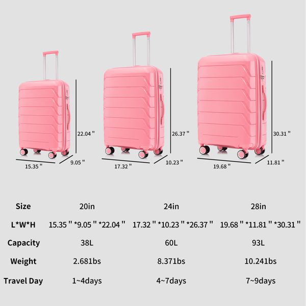 PP Luggage Sets 3 Piece(20/24/28), Expandable Carry On Luggage with TSA Lock Airline Approved, PP materials Hard Shell and Lightweight Suitcase with Spinner Wheels (Pink)