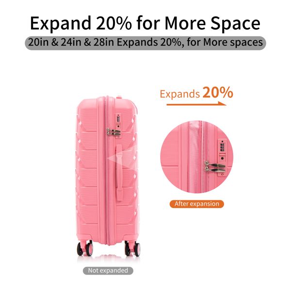 PP Luggage Sets 3 Piece(20/24/28), Expandable Carry On Luggage with TSA Lock Airline Approved, PP materials Hard Shell and Lightweight Suitcase with Spinner Wheels (Pink)