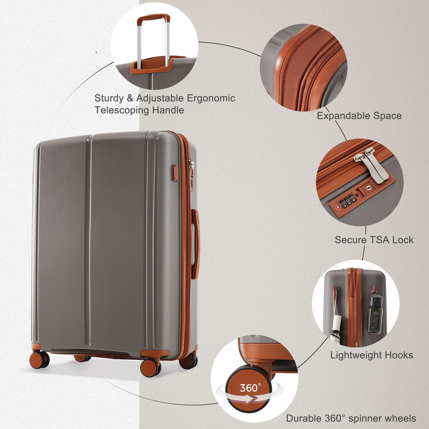 Luggage Sets 3 Piece Suitcase Set 20/24/28 with USB Port,Carry on Luggage Airline Approved,PP Lightweight Suitcase with Spinner Wheels, Brown